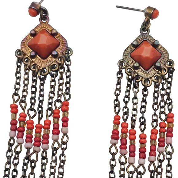 Beaded Orange Dangle Drop Brass Tone Hippie Boho Gypsy Tassel Rustic Earrings - Picture 6 of 10